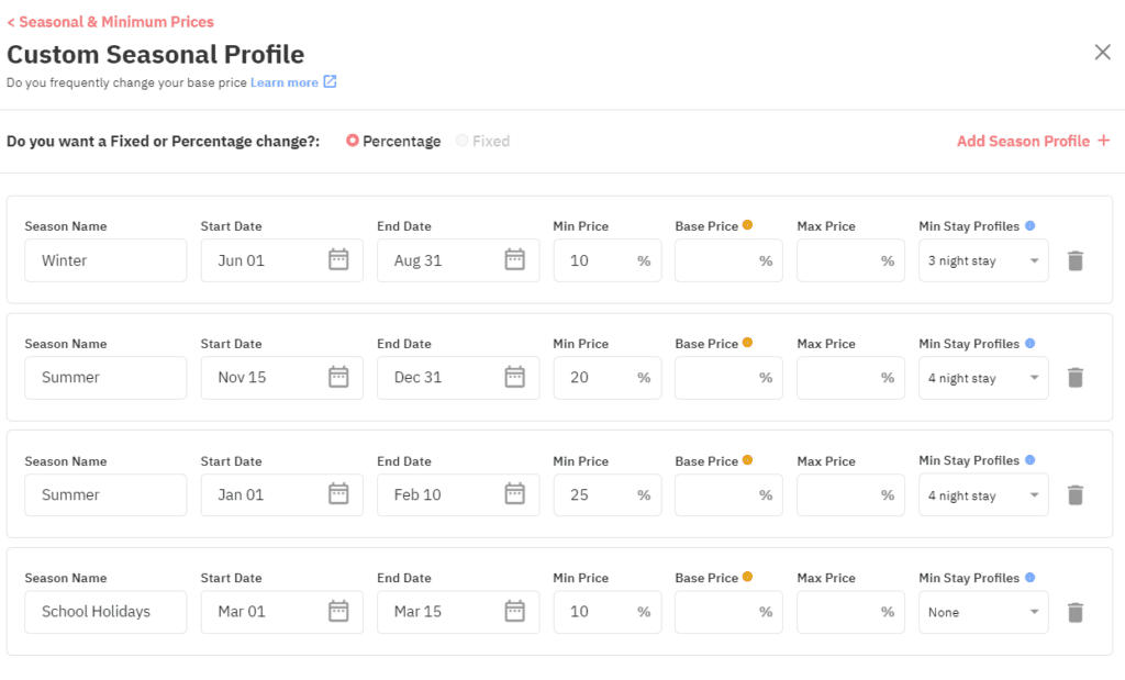 Custom seasonal profile for Vacation Rental managers