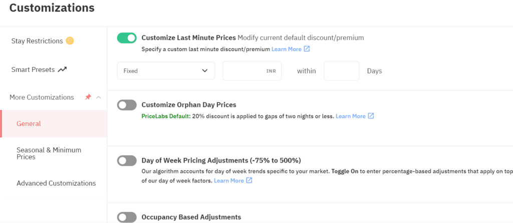 Available customizations in PriceLabs